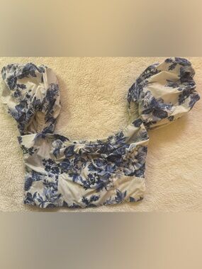 Abercrombie & Fitch Blue Floral Puff-Sleeve Crop Top on White